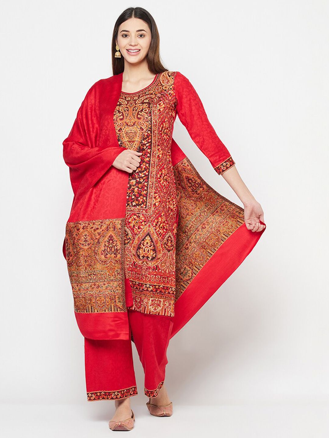 Safaa Red & Brown Viscose Rayon Unstitched Dress Material Price in India