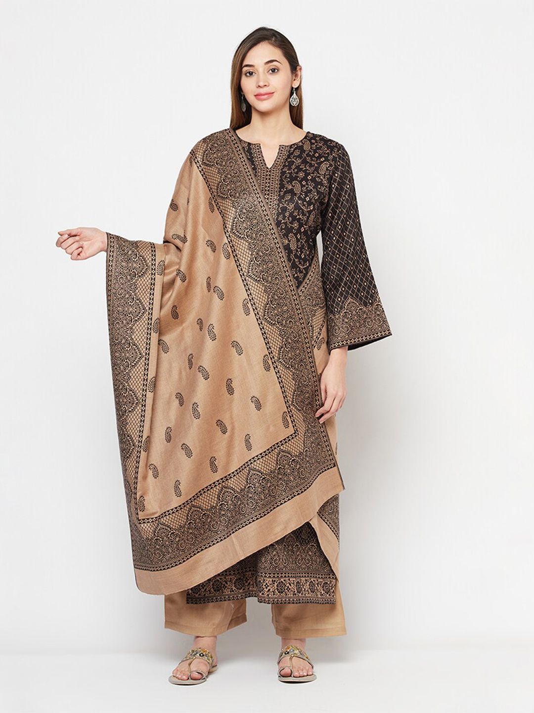Safaa Black & Beige Viscose Rayon Unstitched Dress Material Price in India