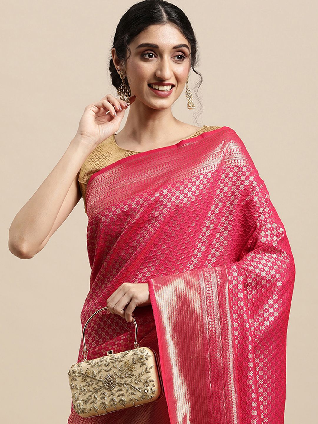 VASTRANAND Pink & Gold-Toned Woven Design Zari Silk Blend Kanjeevaram Saree