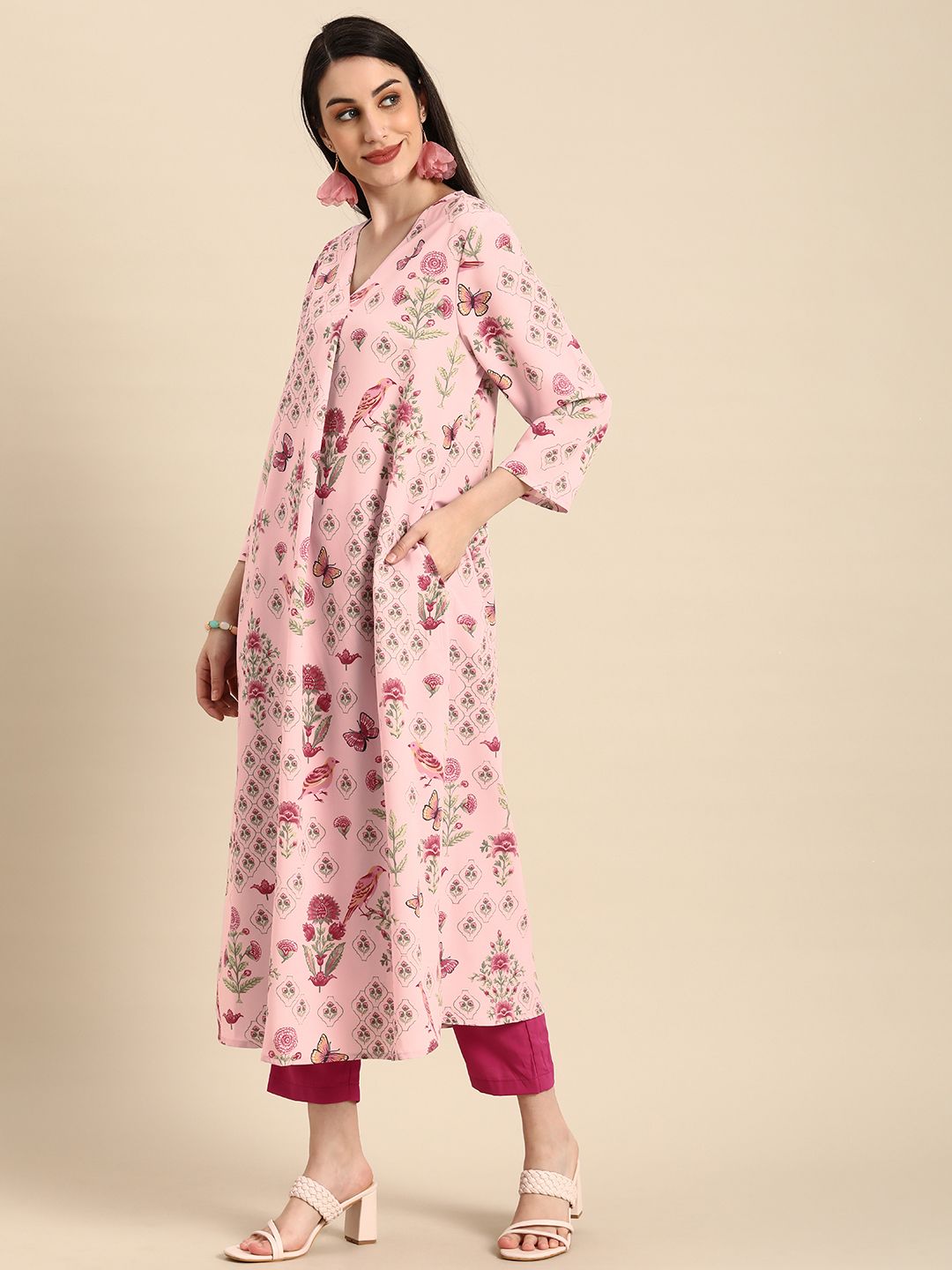 Anouk Women Pink Floral Printed Kurta with Trousers Price in India