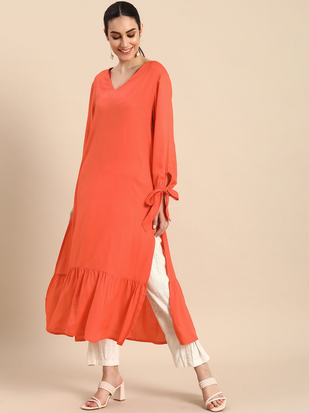 Anouk Women Coral Orange Solid V-Neck A-Line Tiered Kurta Price in India