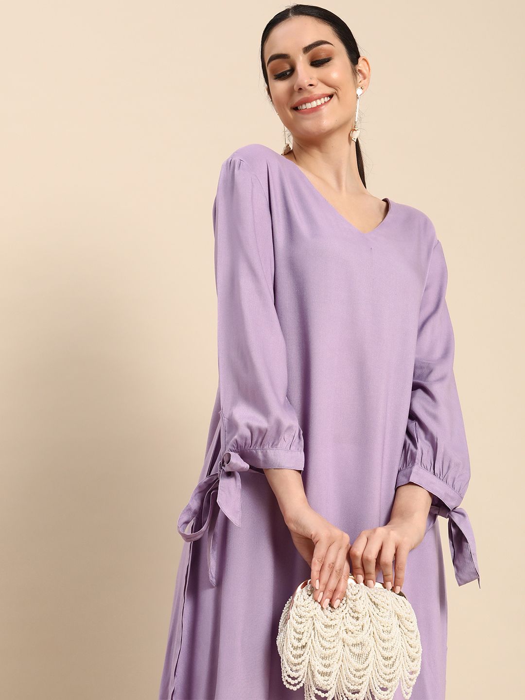 Anouk Women Lavender Solid V-Neck A-Line Tiered Kurta Price in India