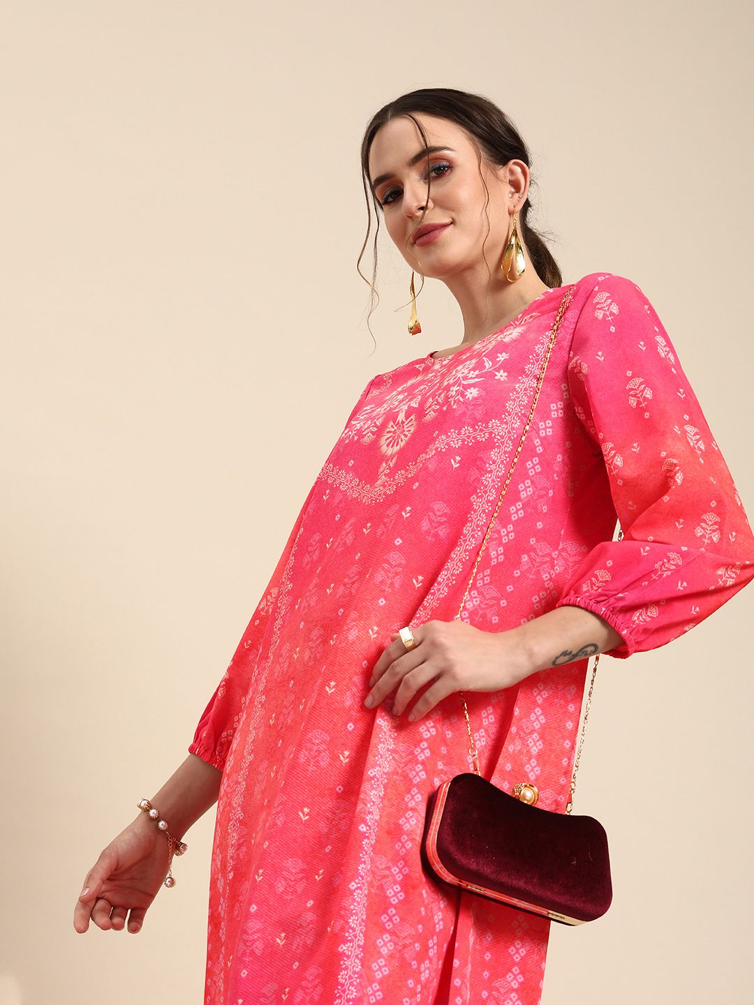 Anouk Pink Ethnic Motifs A-Line Dress Price in India
