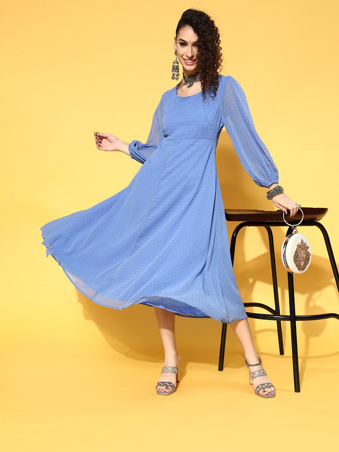 Anouk Blue Dobby Weaved A-Line Midi Dress Price in India