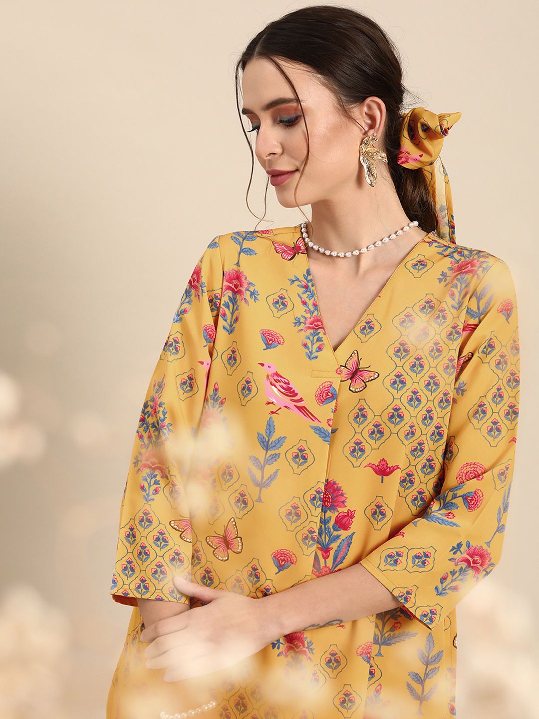 Anouk Women Mustard Yellow Floral Printed A- Line Kurta with Trousers Price in India