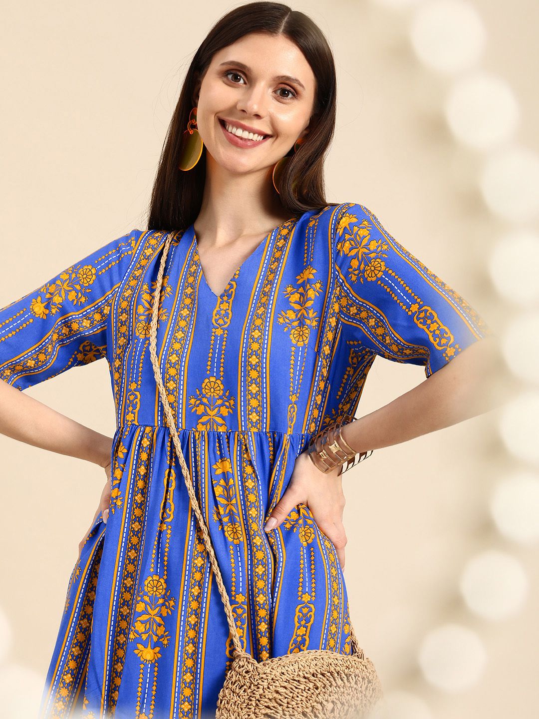 Anouk Blue & Yellow Ethnic Motifs A-Line Maxi Dress Price in India
