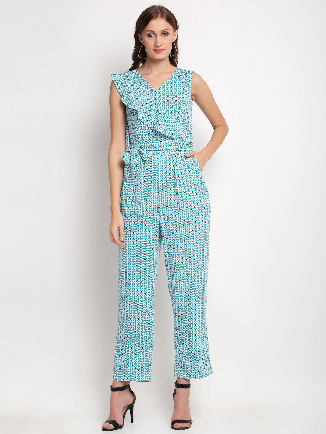 Aujjessa Turquoise Blue & White Printed Basic Jumpsuit with Ruffles Price in India