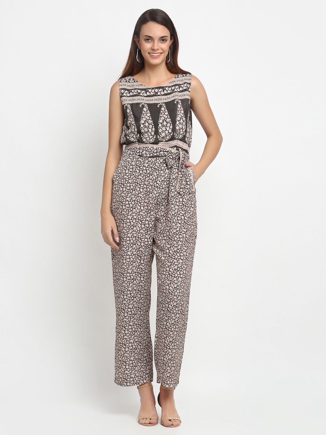 Aujjessa Black & Beige Paisley Printed Basic Jumpsuit Price in India