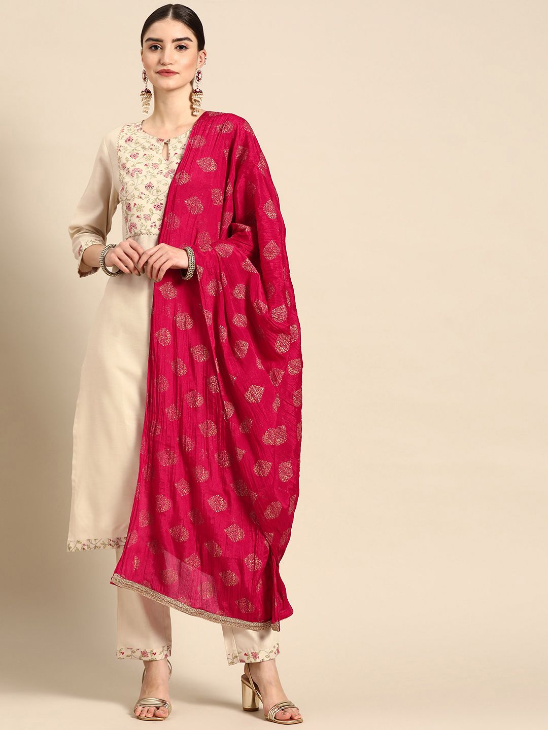 Anouk Women Off White & Pink Ethnic Motifs Yoke Design Kurta with Trousers & With Dupatta Price in India