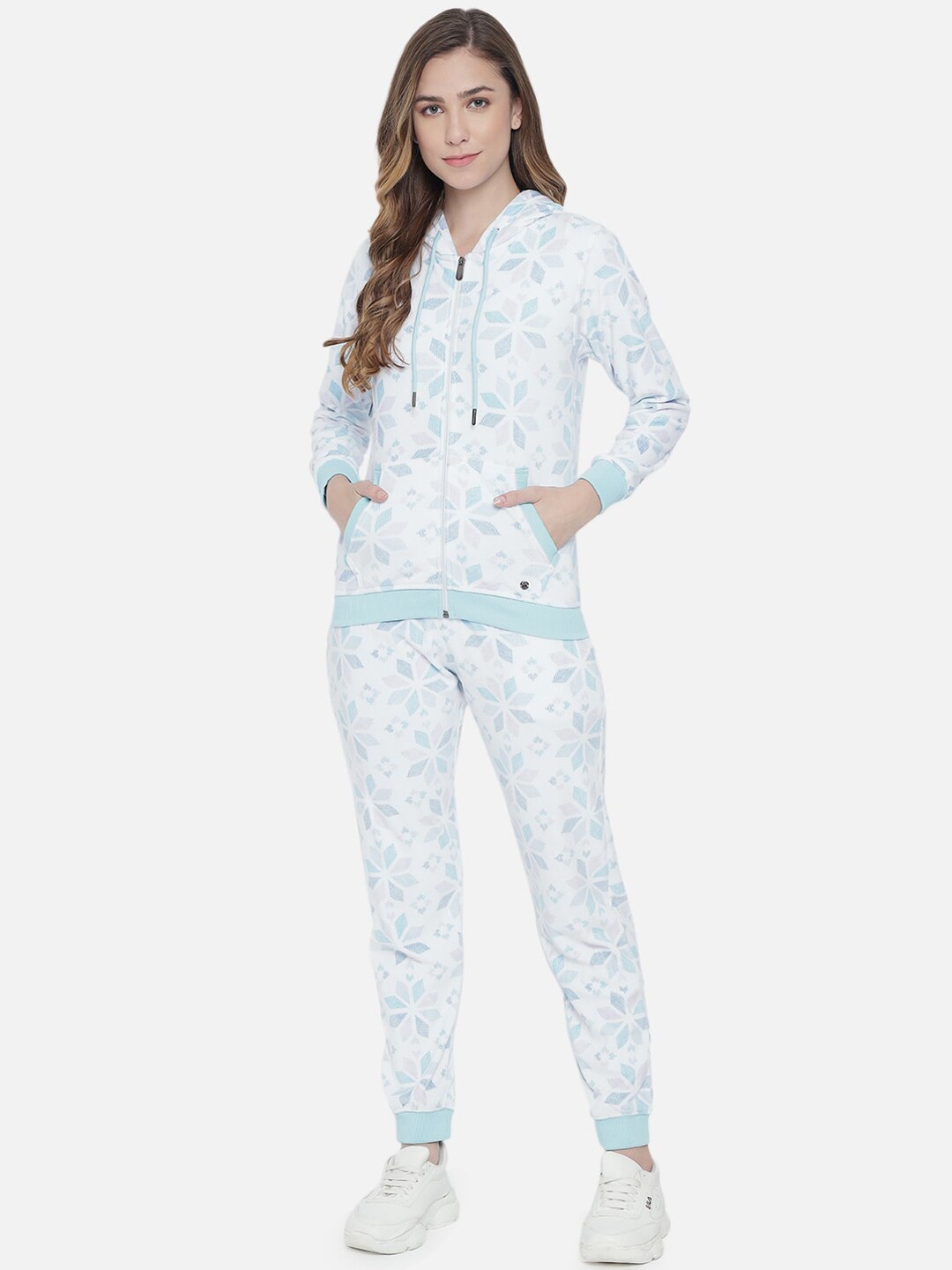 ANTI CULTURE Women Off White & Blue Printed Cotton Track Suit Price in India