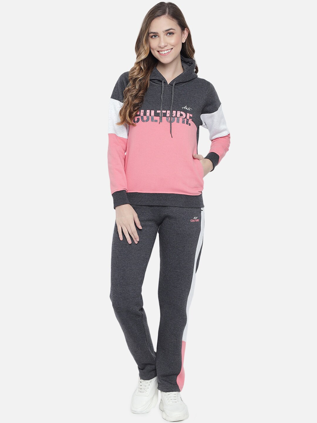 ANTI CULTURE Women Pink & Grey Colourblocked Cotton Tracksuit Price in India