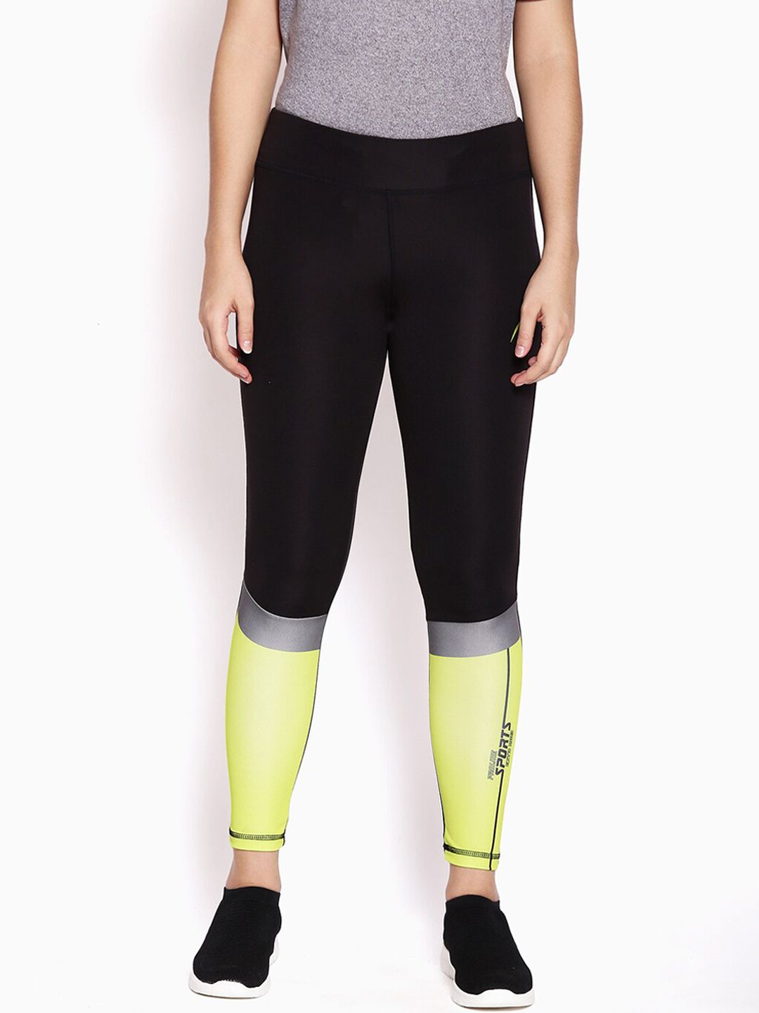 Proline Women Black & Fluorescent Green Colourblocked Cotton Tights Price in India