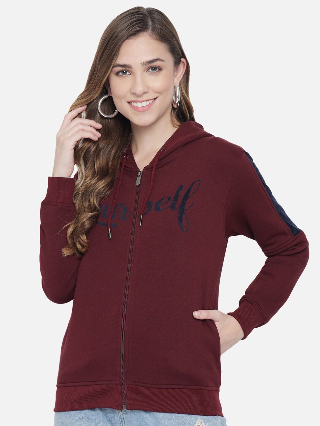 ANTI CULTURE Women Maroon Printed Cotton Hooded Sweatshirt Price in India