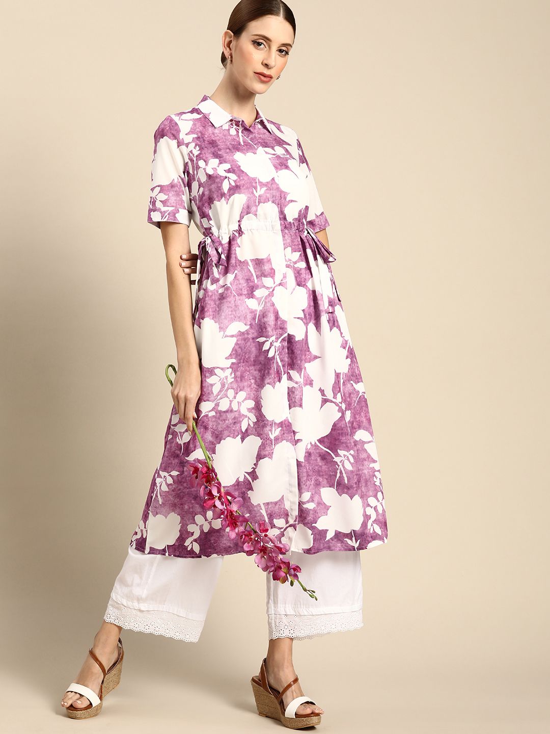 Anouk X Earthful Women Purple & White Floral Printed A-Line Kurta Price in India