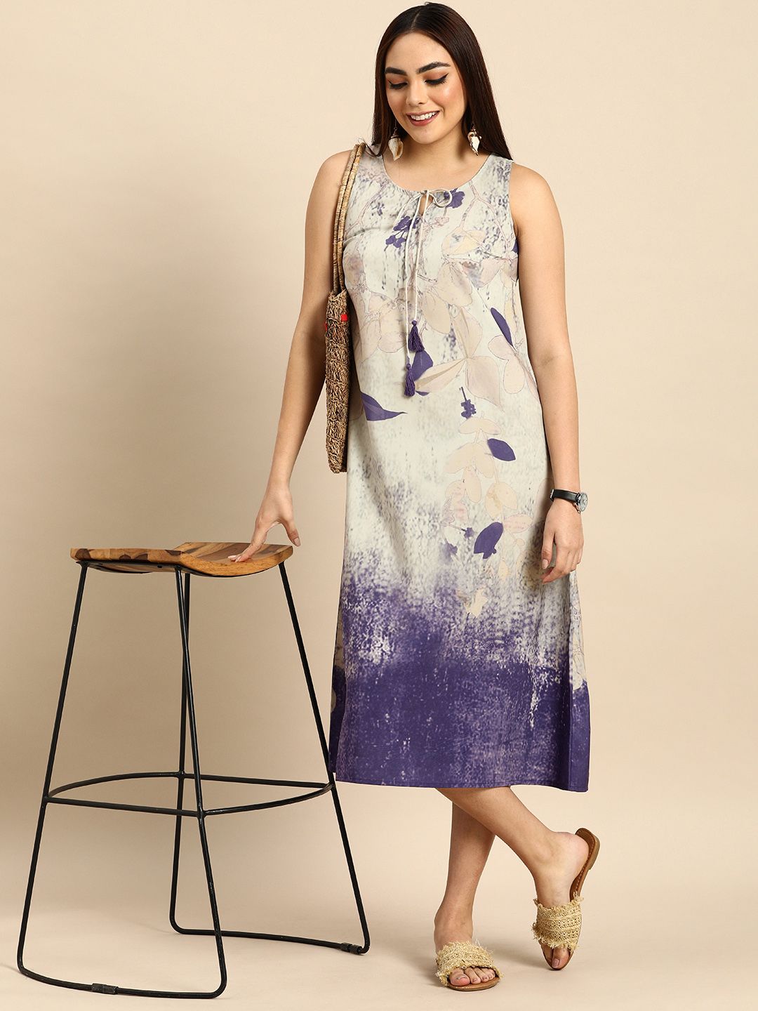 Anouk Women Grey & Purple Floral A-Line Midi Dress Price in India