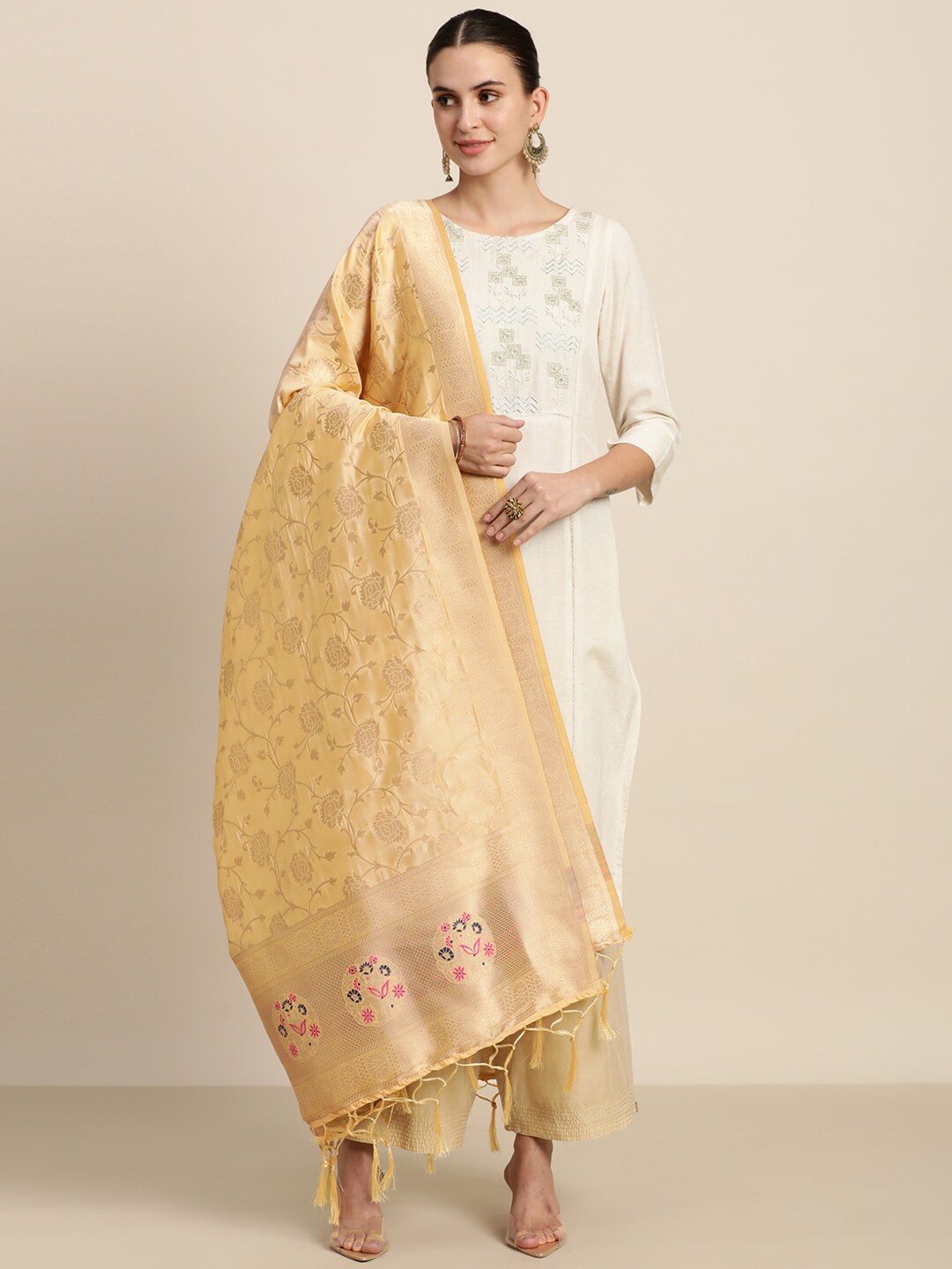 MIMOSA Beige Woven Design Art Silk Dupatta with Zari Price in India