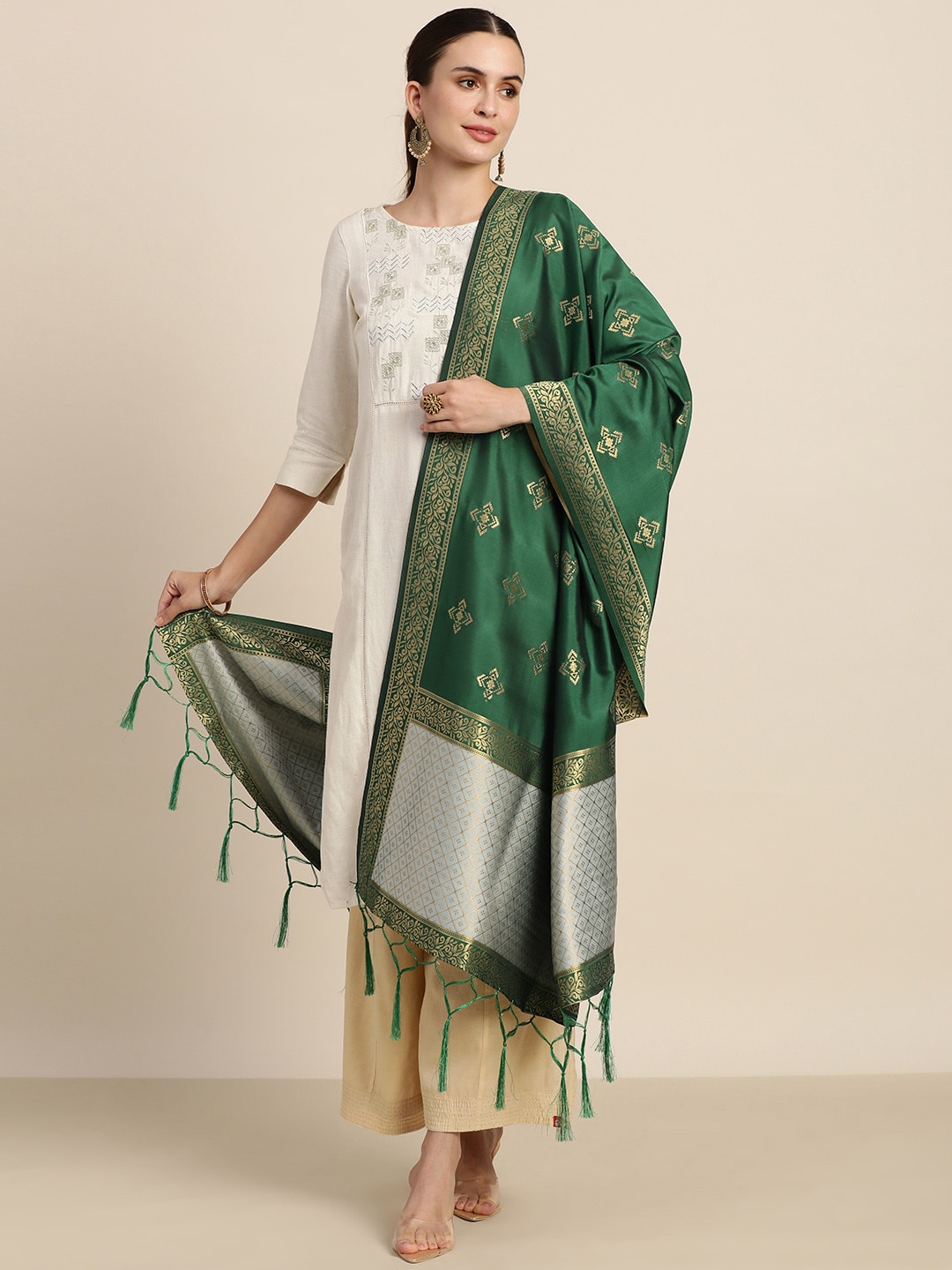 MIMOSA Green & Grey Woven Design Art Silk Dupatta with Zari Price in India