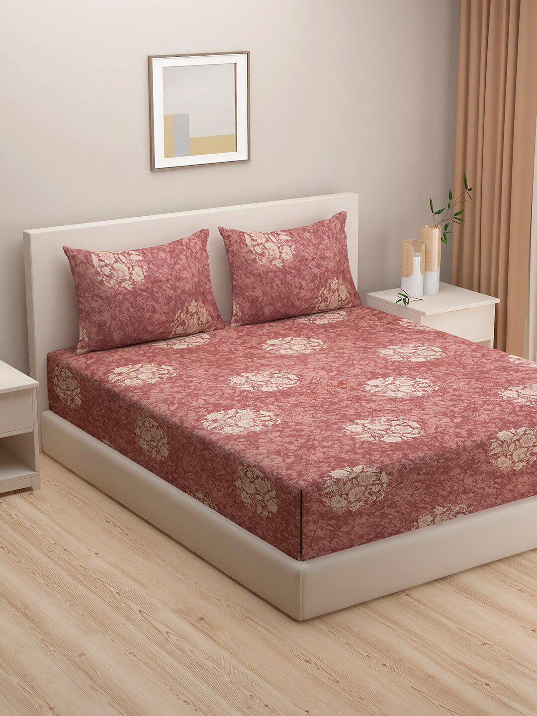 SWAYAM Brown & Beige Ethnic Motifs 200 TC Cotton King Bedsheet with 2 Pillow Covers Price in India