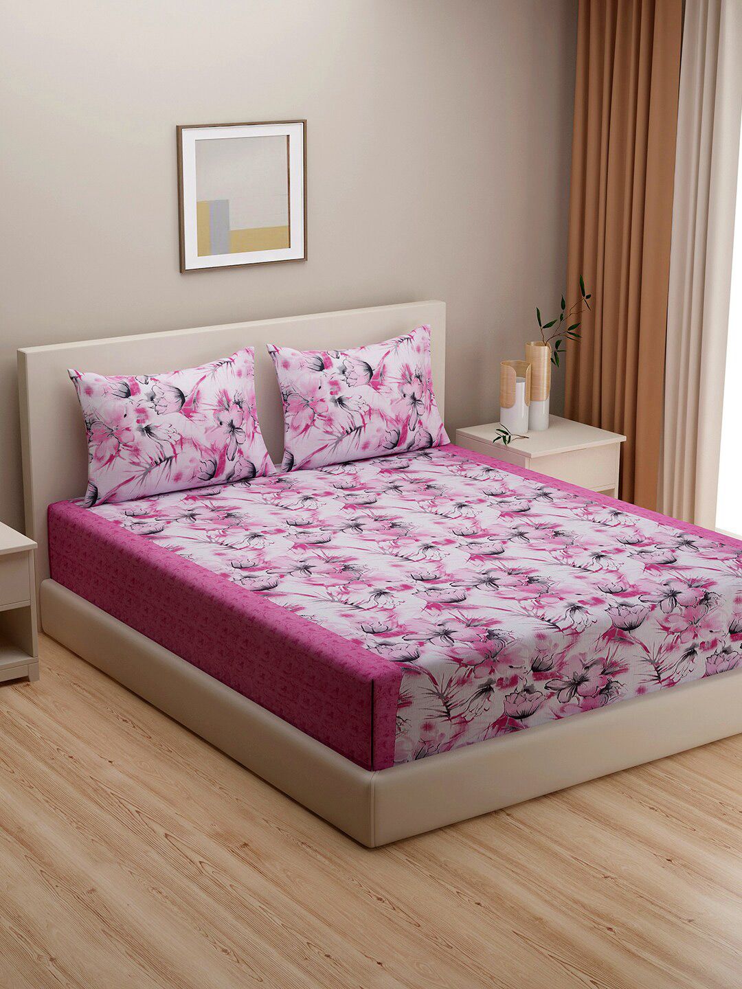 SWAYAM Pink & Black Floral 144 TC King Bedsheet with 2 Pillow Covers Price in India