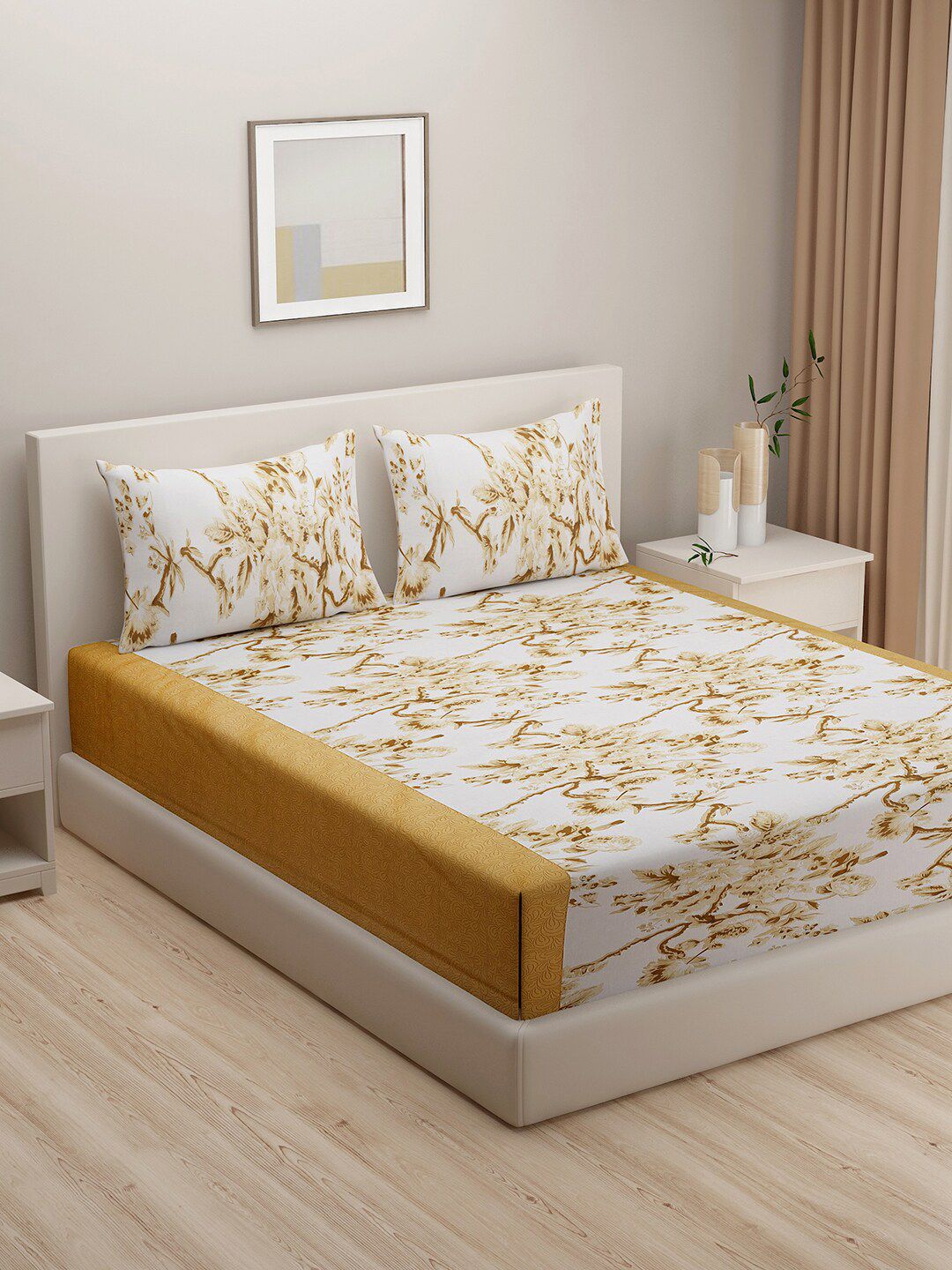 SWAYAM SWAYAM Vedic Yellow Floral Pure Cotton 144 TC King Bedsheet with 2 Pillow Covers-108 x 108 inches