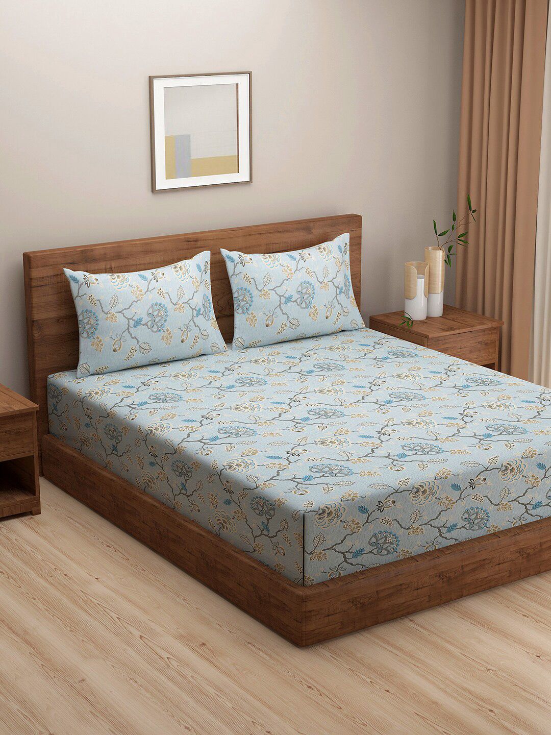 SWAYAM Blue & Black Floral 180 TC Cotton King Bedsheet with 2 Pillow Covers Price in India