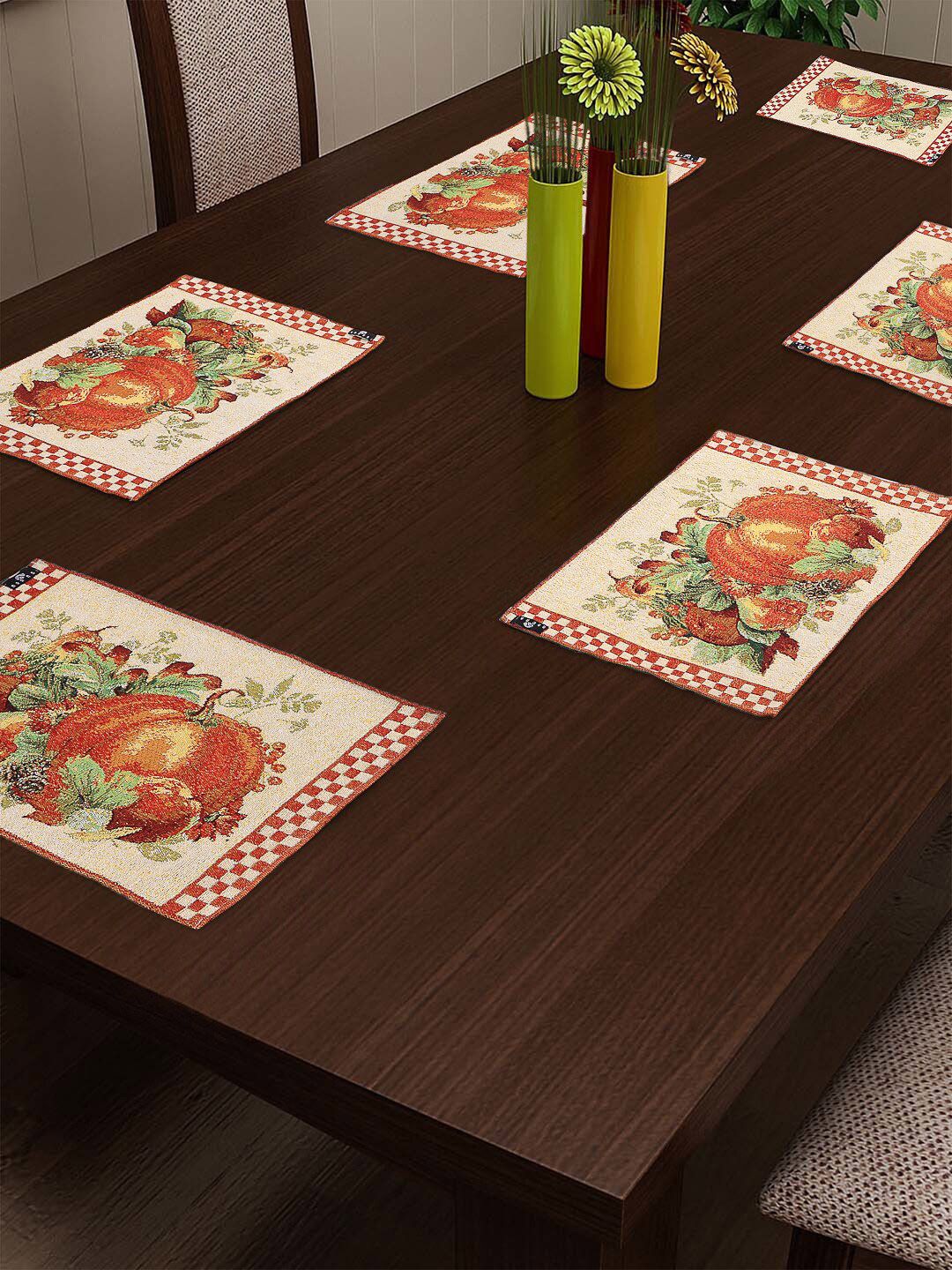 Arrabi Set of 6 Orange & Beige Printed Rectangular Table Placemats Price in India