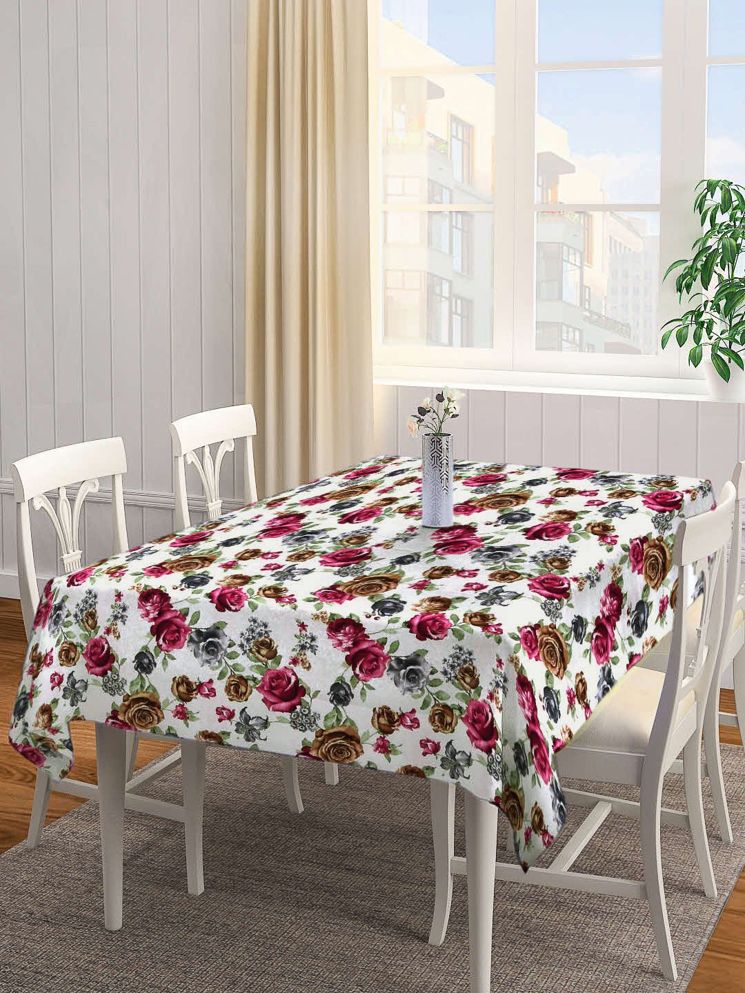 Arrabi White White & Pink Floral Printed 6 Seater Rectangular Table Cover Price in India