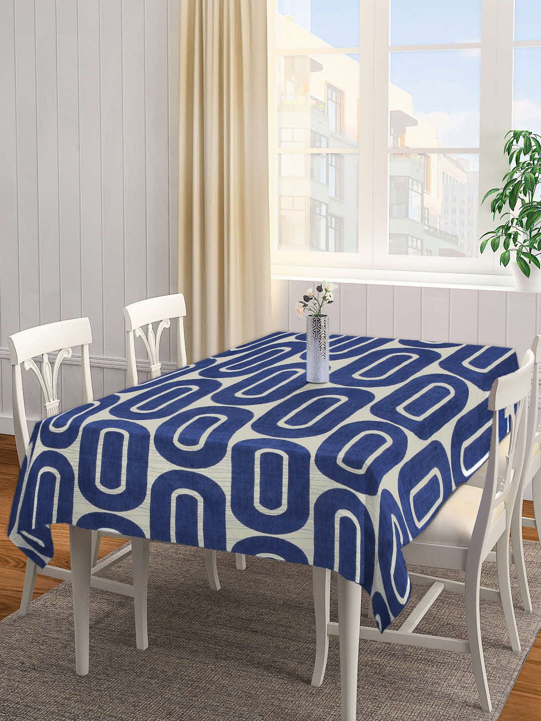 Arrabi Blue & White Printed 6-Seater Rectangular Table Cover Price in India