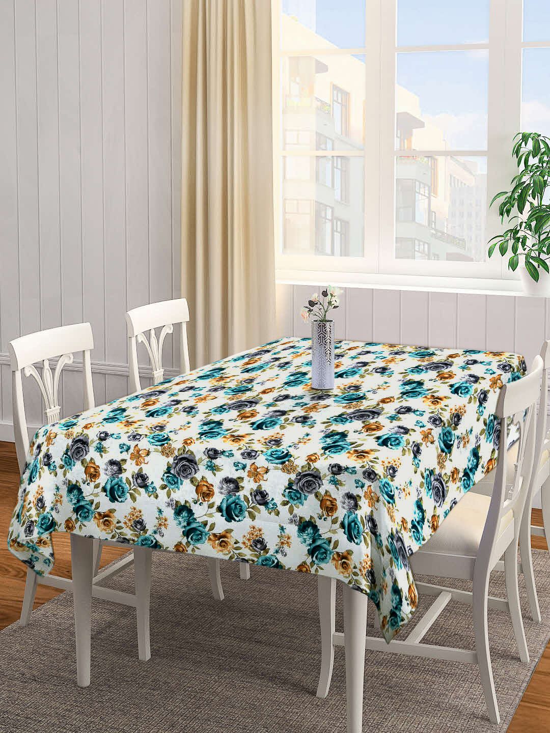 Arrabi White & Blue Printed Rectangular 6-Seater Table Cover Price in India