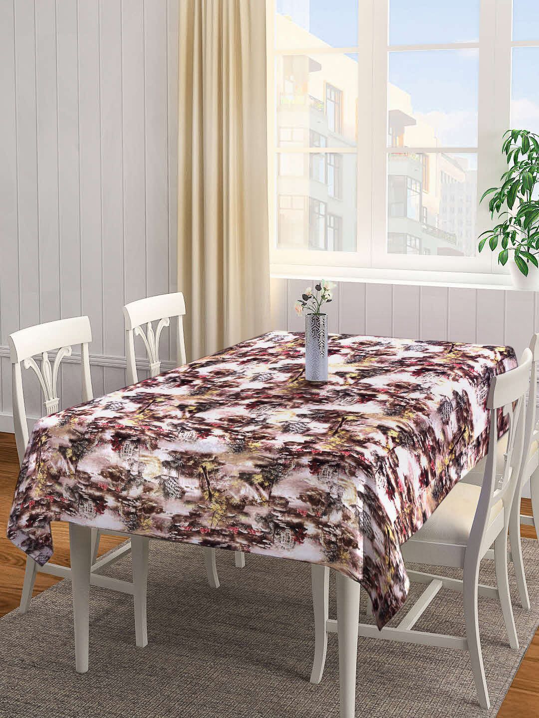 Arrabi White & Brown Floral Printed 6-Seater Rectangle Table Cover Price in India