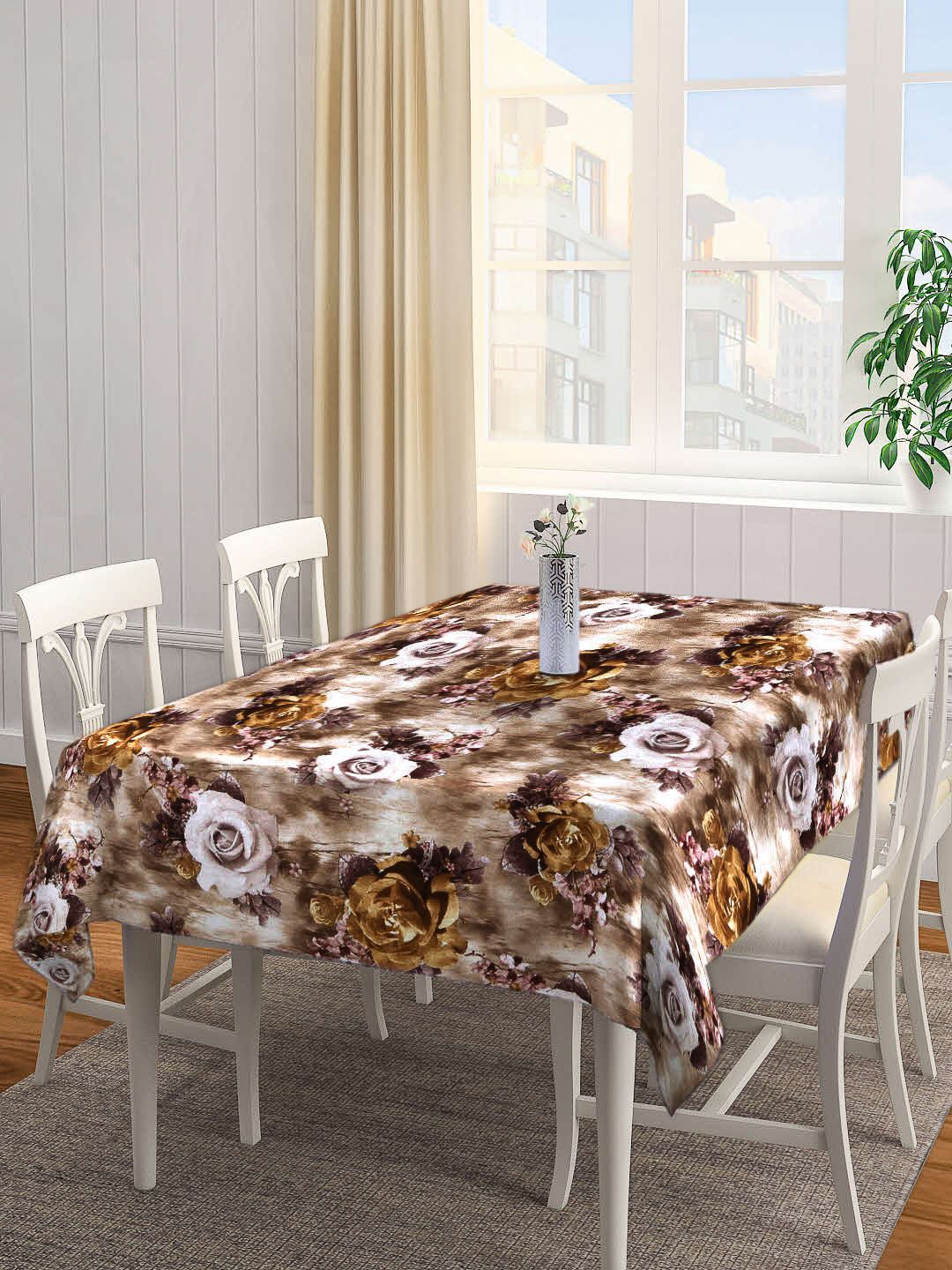 Arrabi White & Brown Floral Printed 6 Seater Rectangular Table Cover Price in India