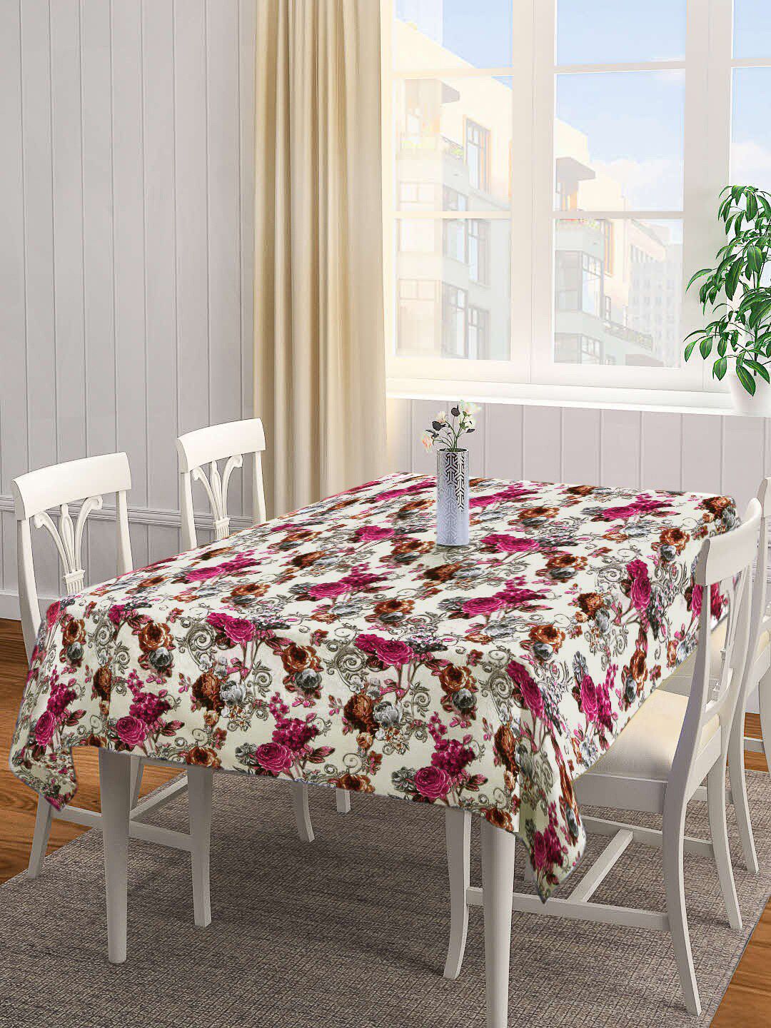 Arrabi Beige & Pink Floral Printed 6-Seater Rectangular Table Cover Price in India