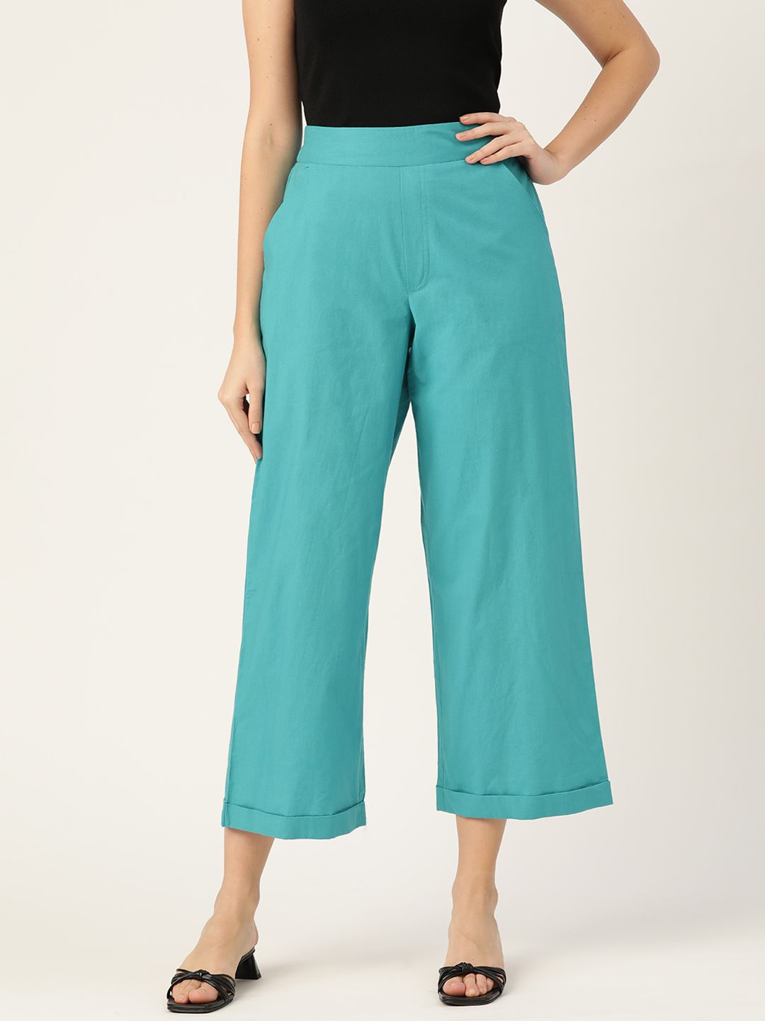 DressBerry Women Blue Textured Knit Pure Cotton Trousers Price in India