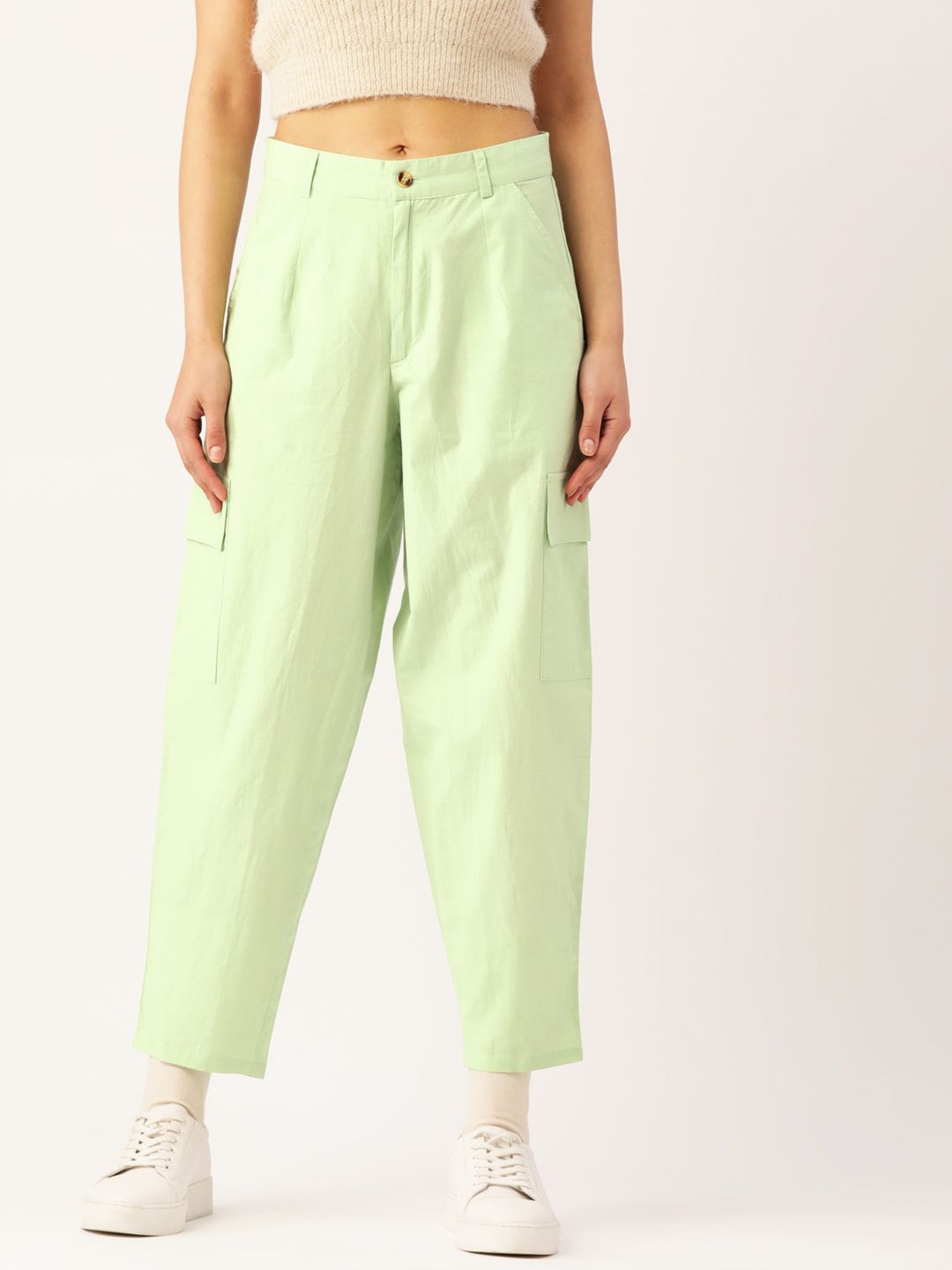 DressBerry Women Green Textured Knit Pure Cotton Cargos Trousers Price in India