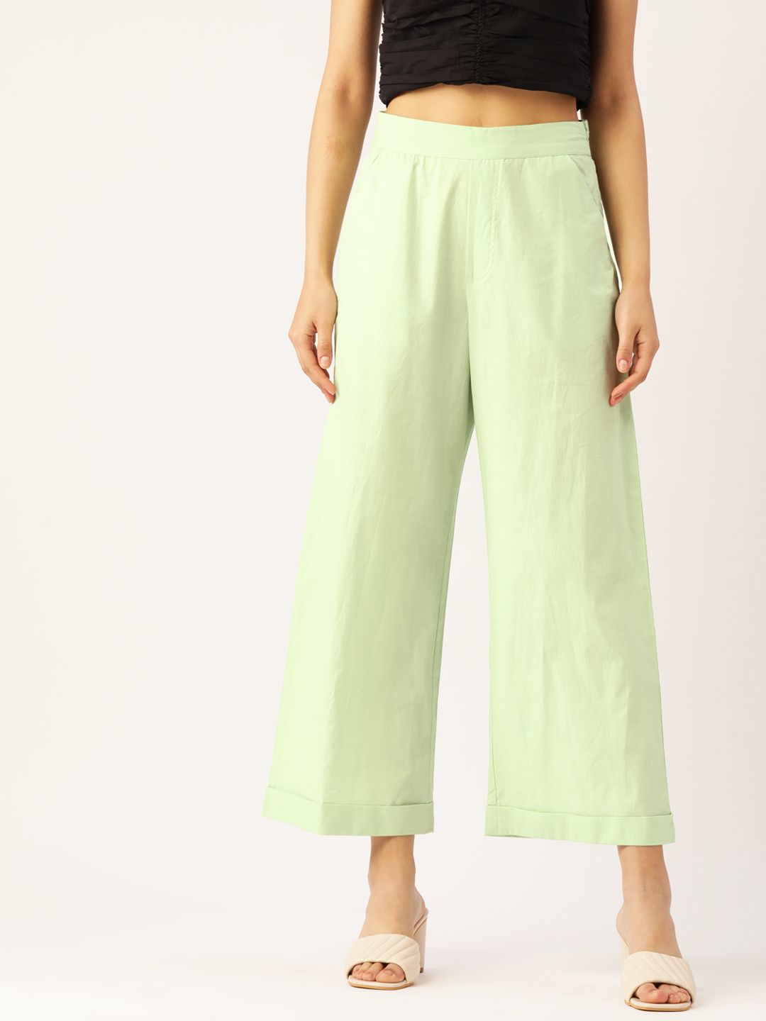 DressBerry Women Green Textured Knit Pure Cotton Trousers Price in India