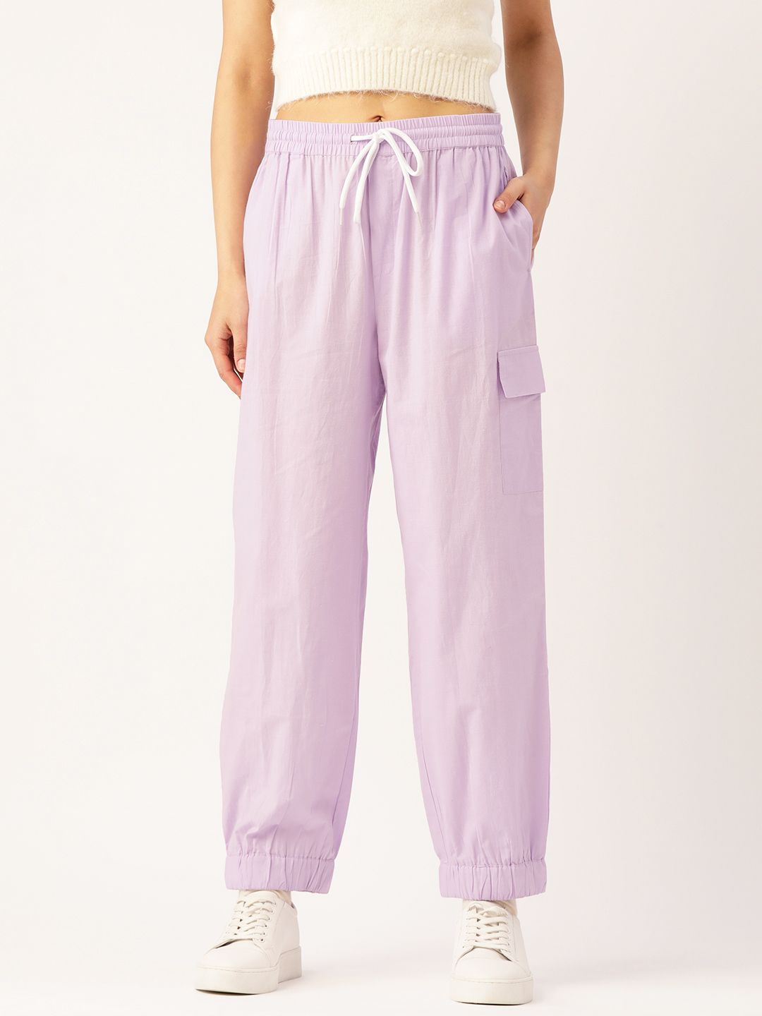 DressBerry Women Lavender Textured Knit Pure Cotton Joggers Trousers Price in India