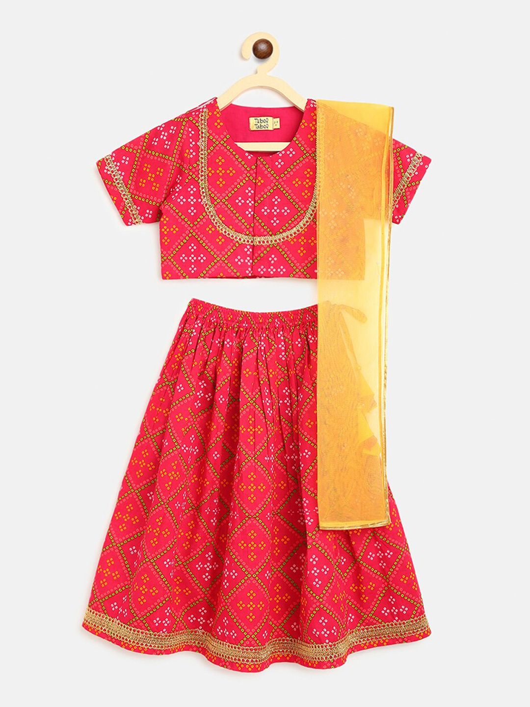 Tiber Taber Girls Pink & Green Printed Ready to Wear Lehenga & Blouse With Dupatta