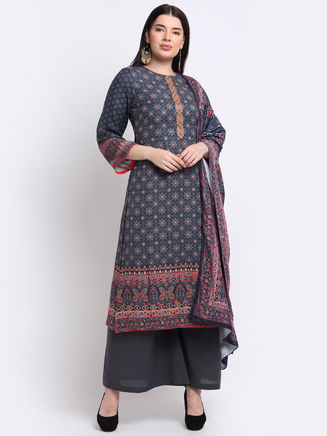 Stylee LIFESTYLE Navy Blue & Coral Printed Unstitched Dress Material Price in India