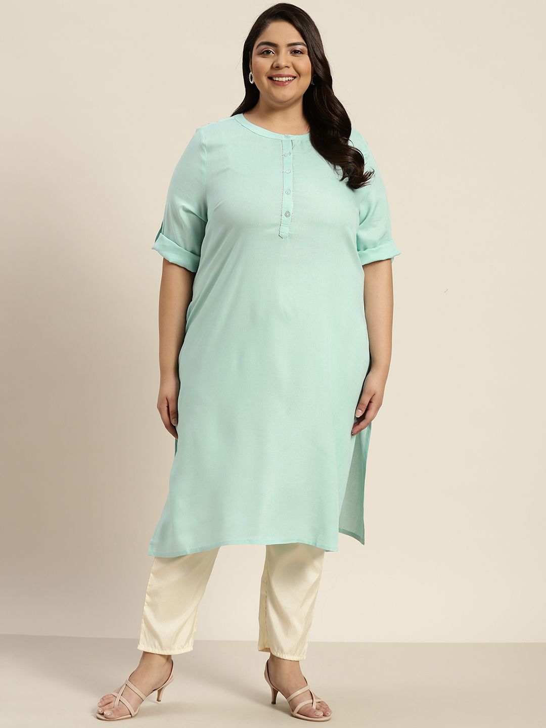 Sztori Women Plus Size Blue Woven Design Sequinned Kurta Price in India