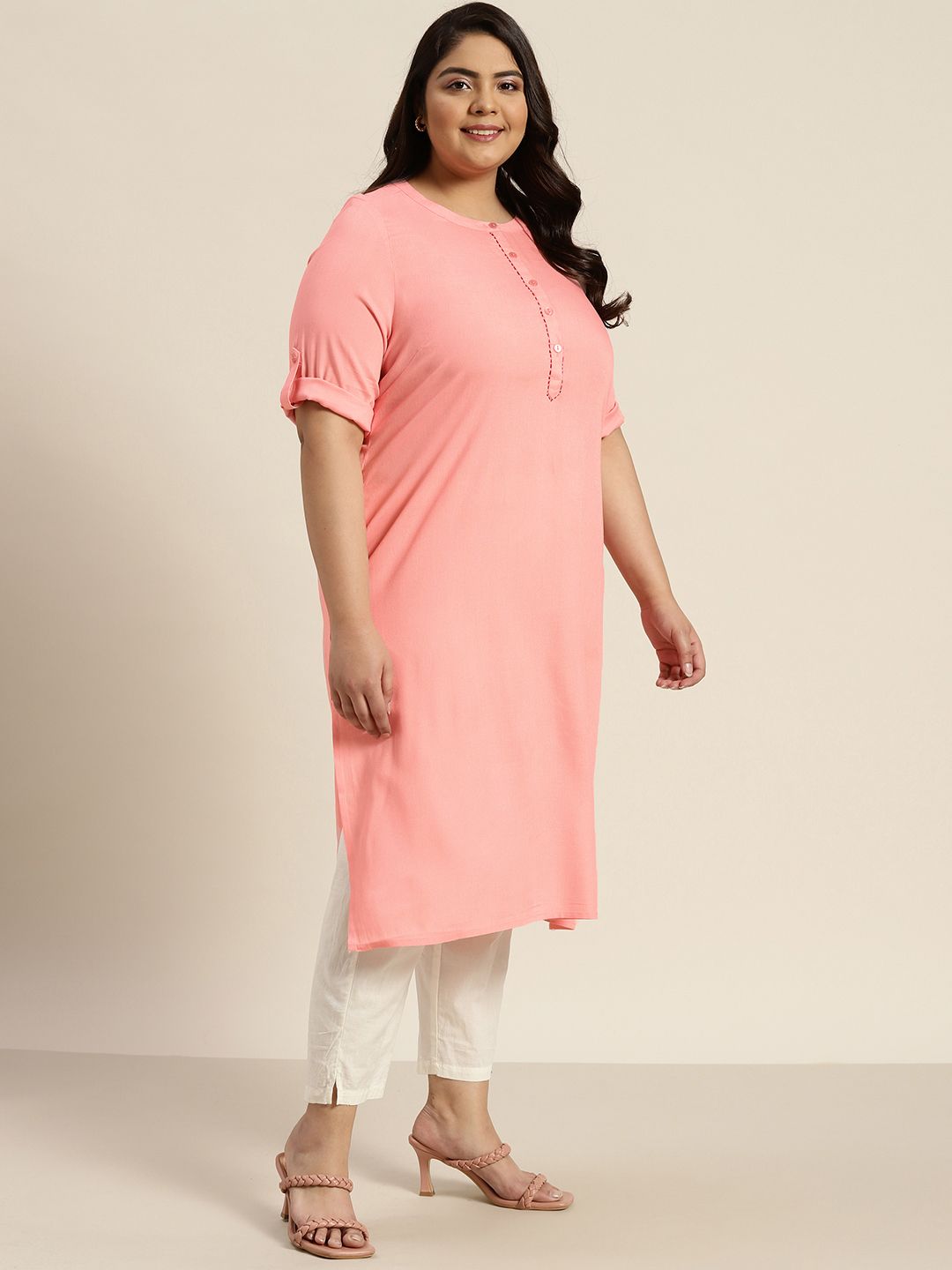 Sztori Women Plus Size Dusty Pink Woven Design Sequinned Kurta Price in India