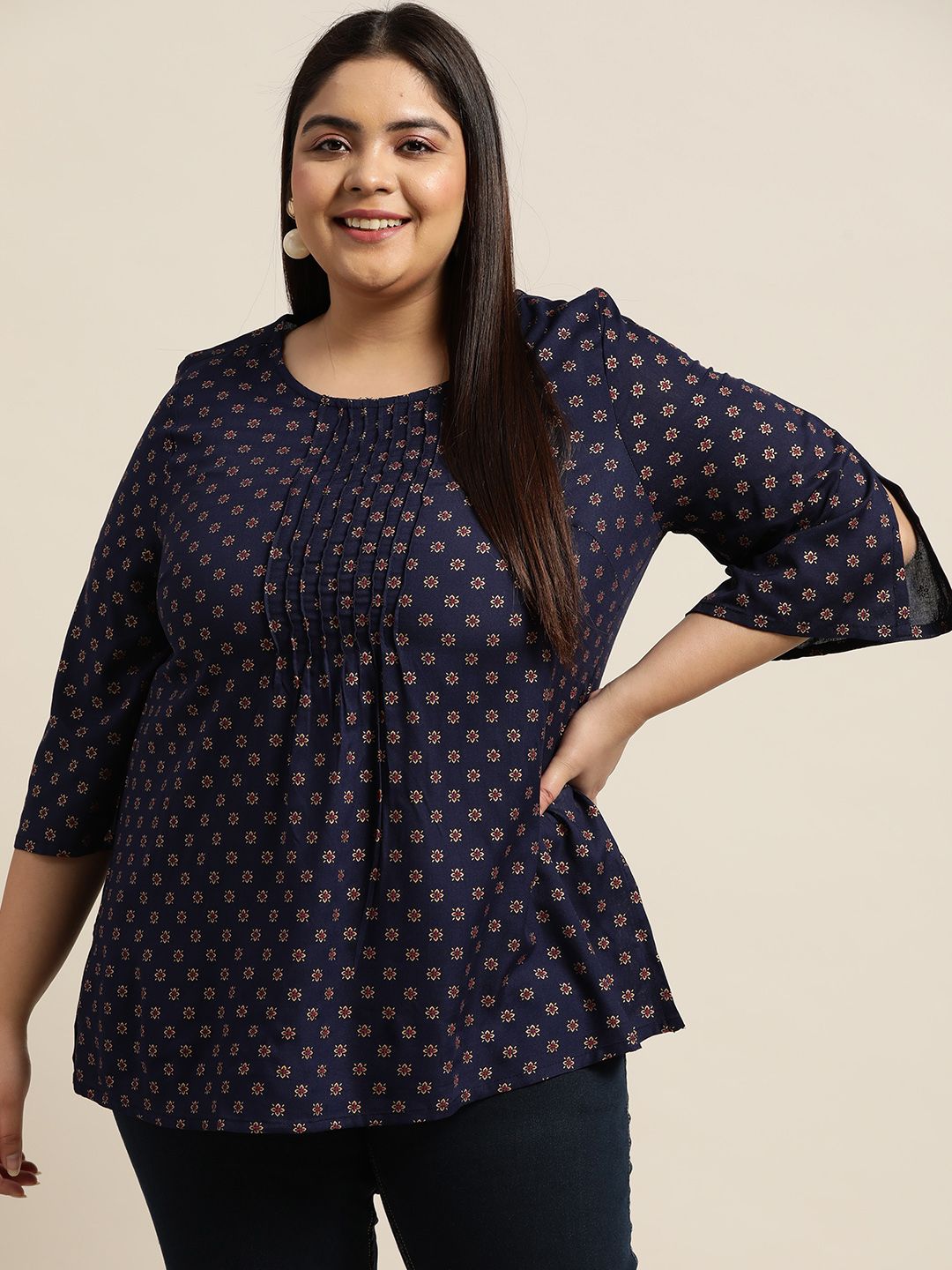 Sztori Women Plus Size Navy Blue & Golden Ethnic Motifs Printed Kurti