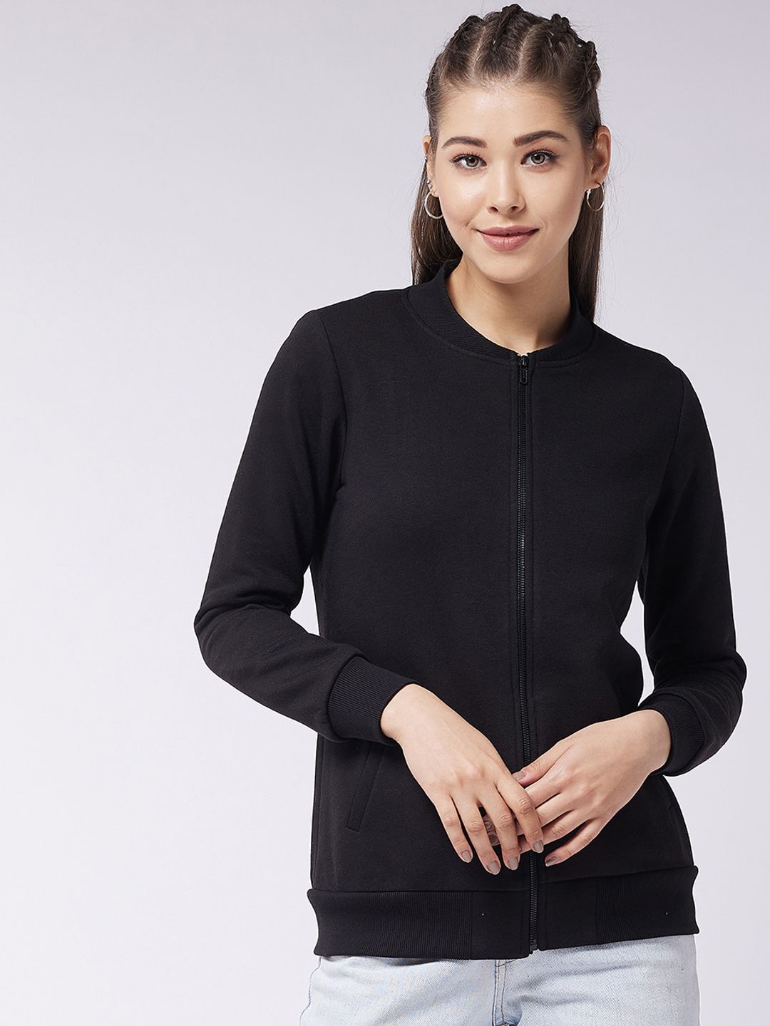 Miss Chase Women Black Fleece Bomber Jacket Price in India