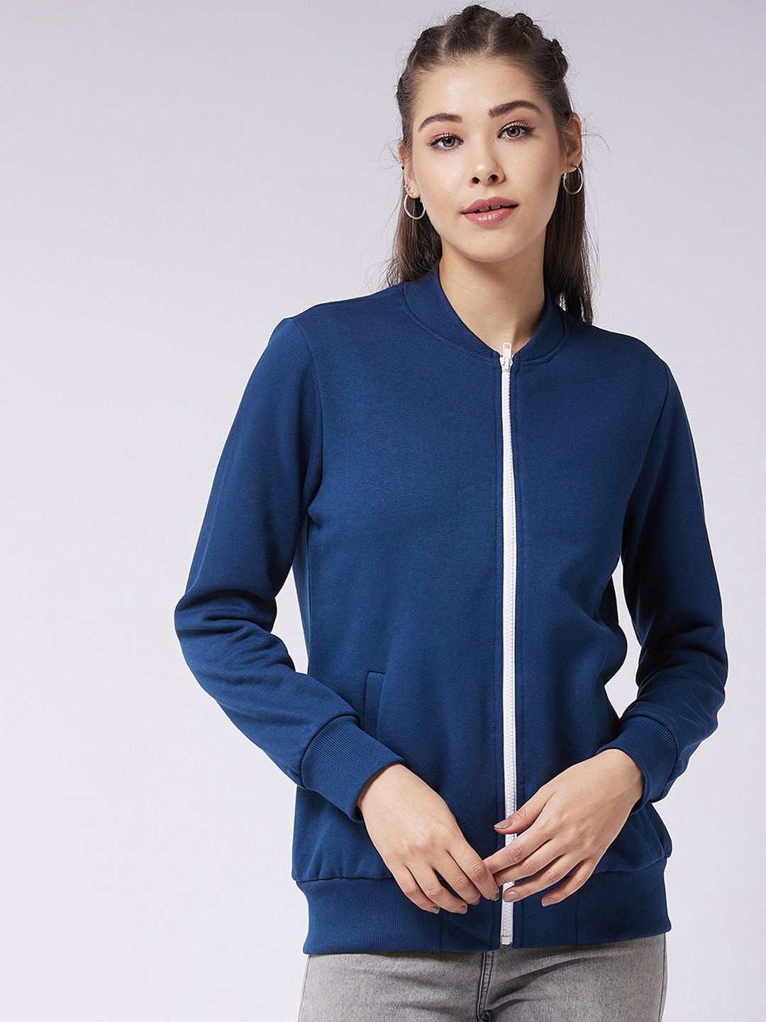 Miss Chase Women Solid Navy Blue Bomber Jacket Price in India
