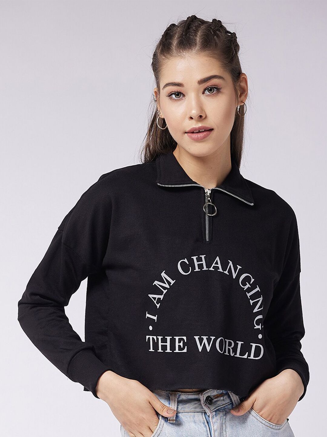 Miss Chase Women Black Printed Crop Cotton Sweatshirt Price in India