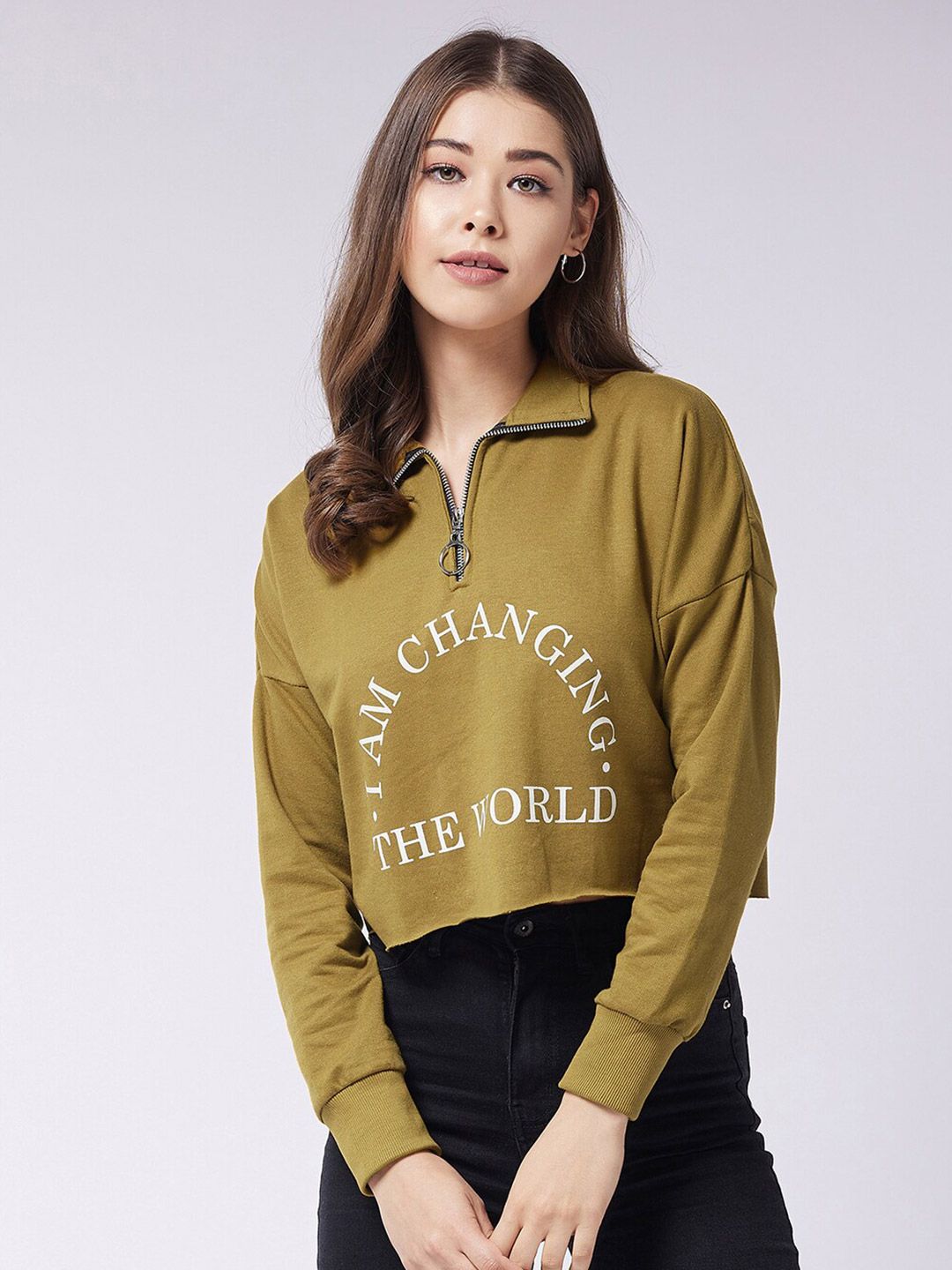 Miss Chase Women Olive Green Printed Cotton Crop Sweatshirt Price in India
