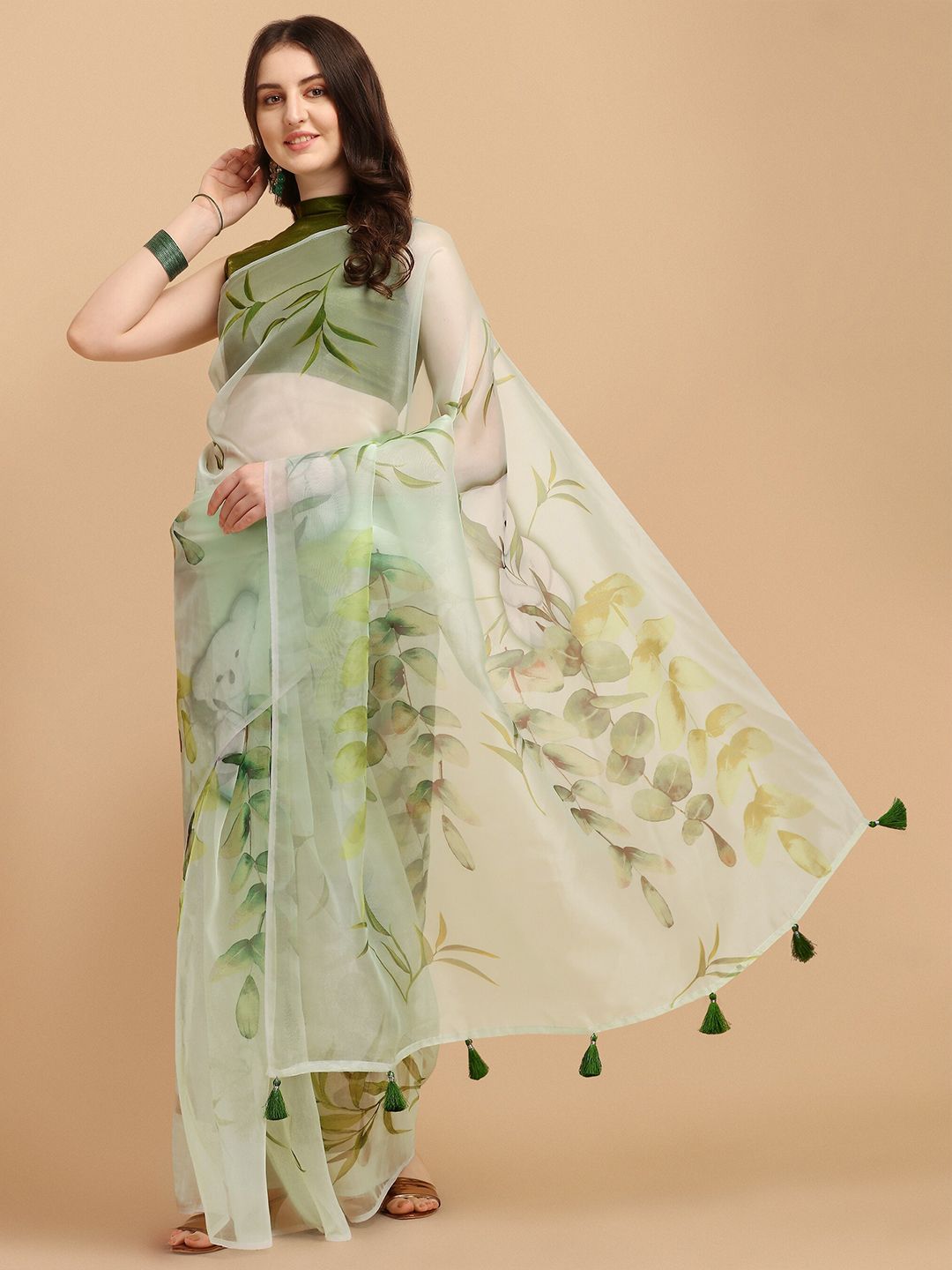 Mitera Women Green Printed Organza Saree Price in India