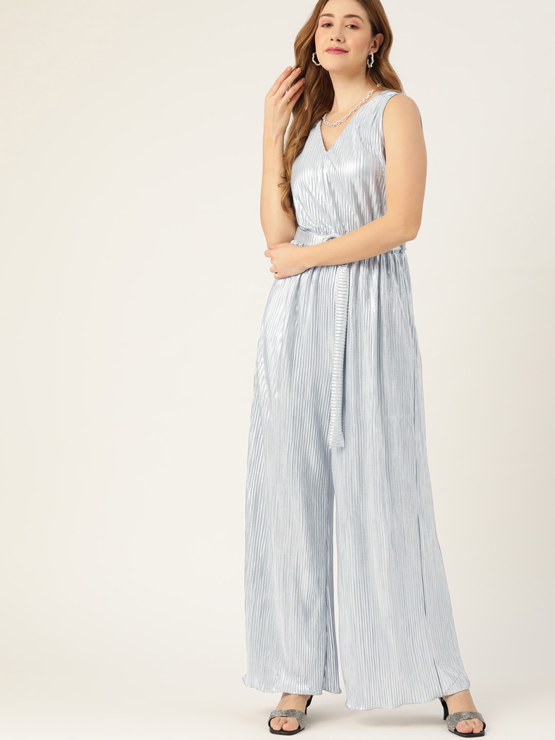 DressBerry Silver-Toned Striped Basic Jumpsuit Price in India