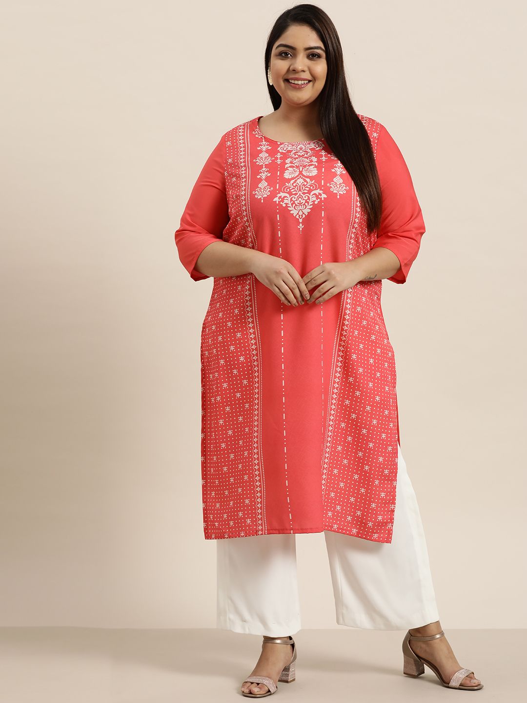 Sztori Women Plus Size Coral Pink Ethnic Motifs Printed Kurta Price in India