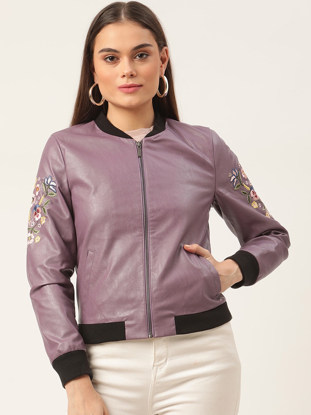 ELLE Women Purple Embroidered Bomber Jacket Price in India