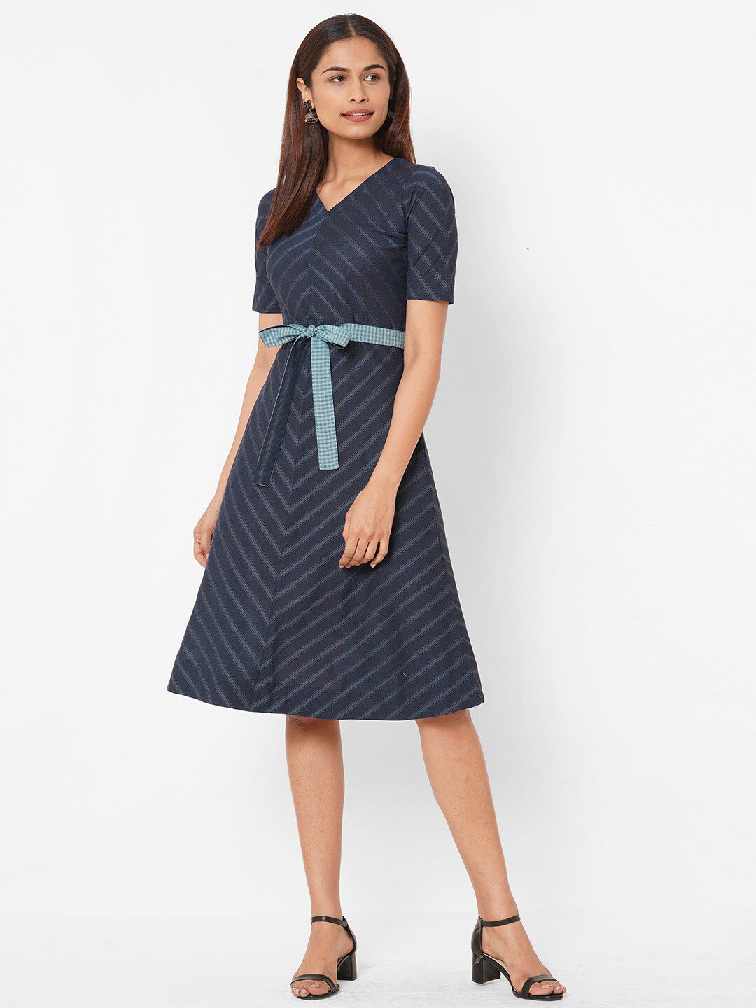 KAMI KUBI Woman Navy Blue Striped Cotton Woven Dress with Belt Price in India